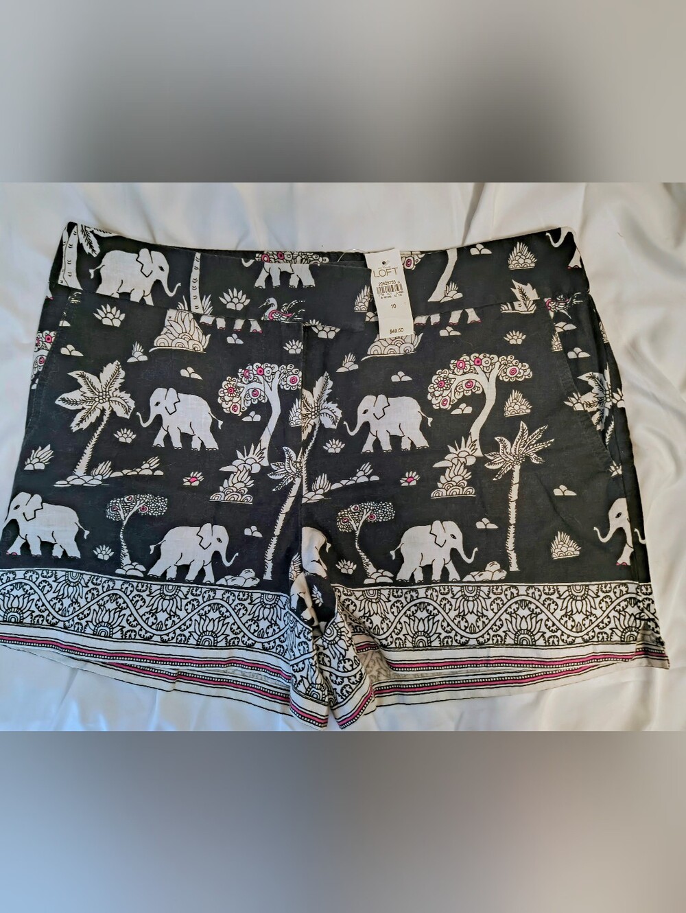 LOFT Dark Blue Elephant Floral Tree Print Shorts with Pink Accents